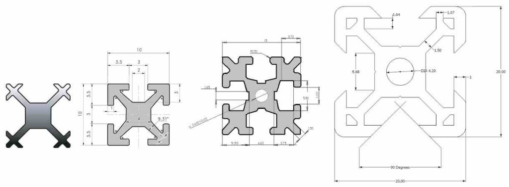 Sections of MicroRax, MakerBeam, OpenBeam and V-Slot Aluminum